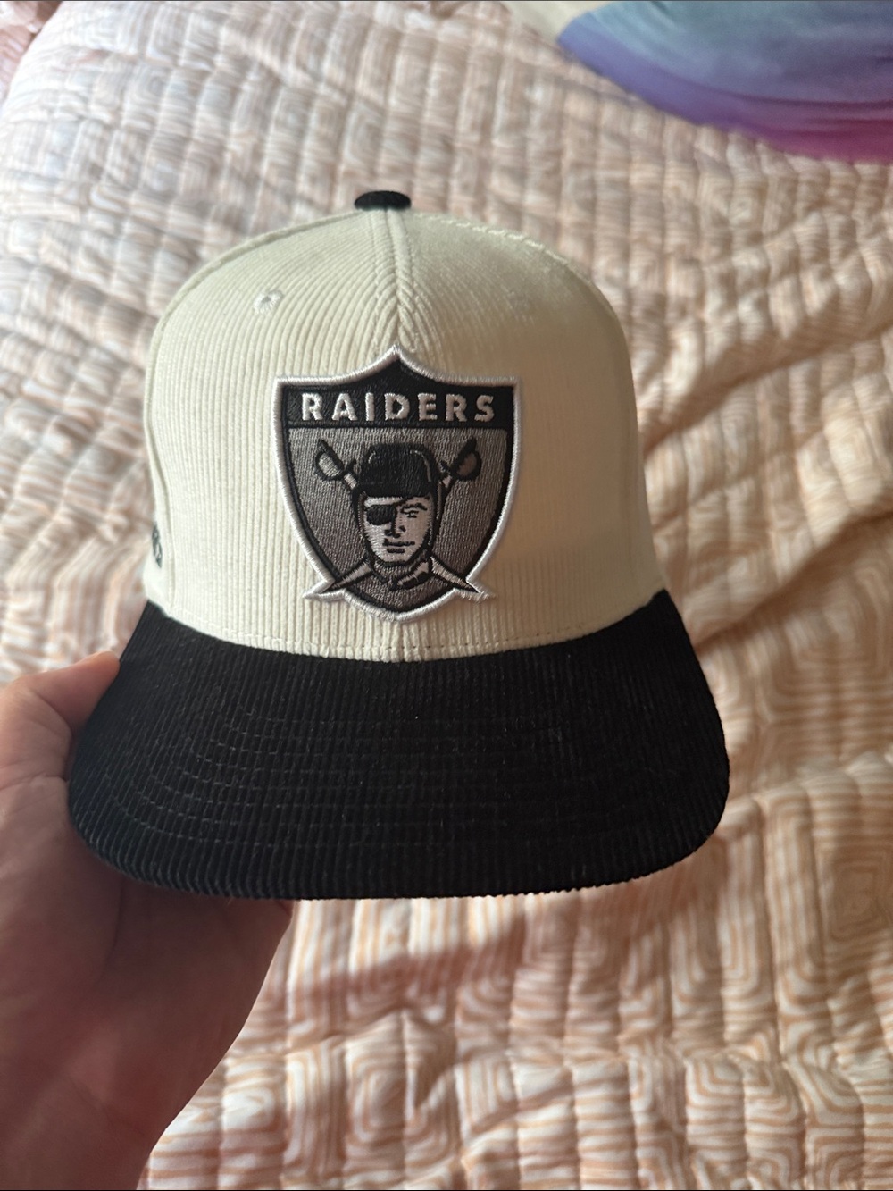 Mitchell & Ness Oakland Raiders Black and Cream Corduroy Snapback Hat